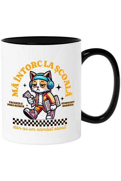 StoryGift Romania Cana pisica obosita motan cool ma intorc la scoala, 330ml, Ceramica cu Maner Neg, Cu Maner Negru