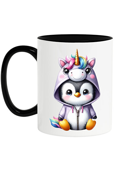 StoryGift Romania Cana cu un pinguin deghizat in unicorn, ilustratie, jucaus, vesel, bucurie, pent, Cu Maner Negru