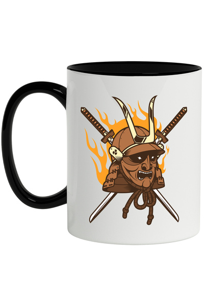 StoryGift Romania Cana Cu Masca, Oni, Samurai, Flacari, Katana, Asiatic, Multicolor 330 ml, Cerami, Cu Maner Negru