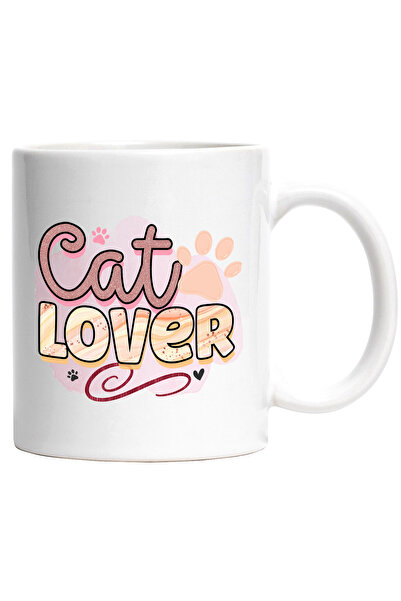 StoryGift Romania Cana cu mesajul "Cat lover", iubitor de pisici, ilustratie, labute, fundal roz, , Cu Maner Alb