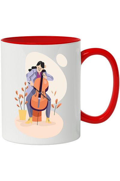 StoryGift Romania Mug With Musician, Cello, Musical Instrument, Plants, Pot, Multicolor 330, With Red Handle