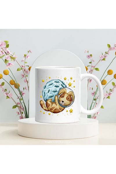 StoryGift Romania Cana Cu Catel, Astronaut, Asteroid, Stele, Multicolor 330 ml, Ceramica cu Maner , Cu Maner Alb