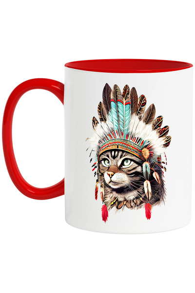 StoryGift Romania Cana cu o pisica serioasa | ilustratie | pene | obiecte de la indigeni | indieni, Cu Maner Rosu