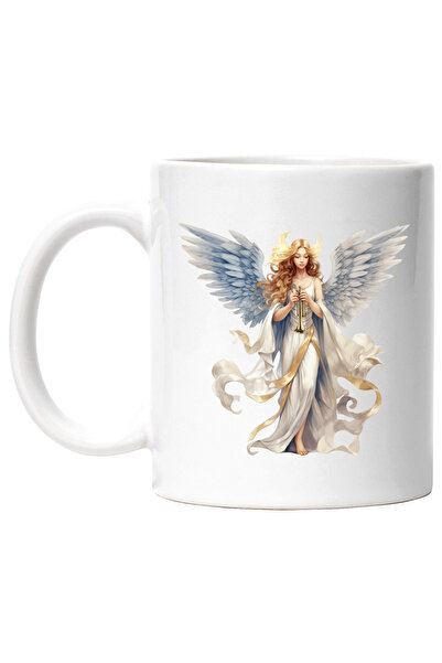 StoryGift Romania Cana cu o femeie cu aripi de inger | tine o trompeta | ilustratie | rochie lunga, Cu Maner Alb