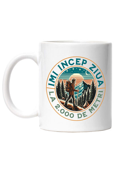 StoryGift Romania Cana cu Barbat Pe Munte Text Imi Incep Ziua La 2.000 Metri, Padure, Natura, Drum, Cu Maner Alb