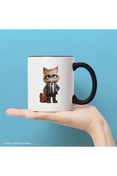 StoryGift Romania Cana cu un motan la costum | ilustratie | servieta | ochelari | pentru iubitorii, Cu Maner Negru