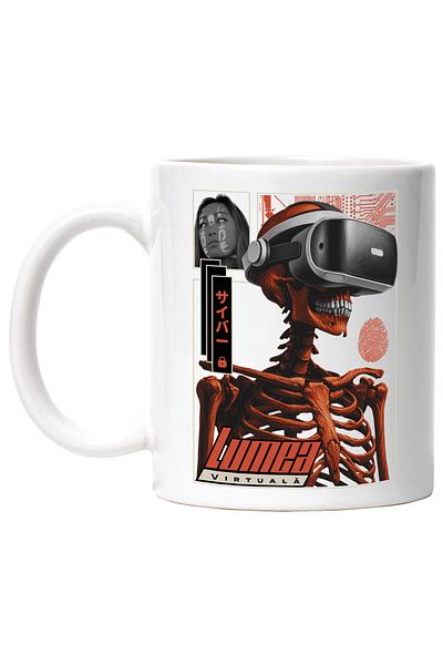 StoryGift Romania Cana schelete cu ochelarii VR joc video Lumea Virtuala, 330ml, Ceramic cu Maner , Cu Maner Alb