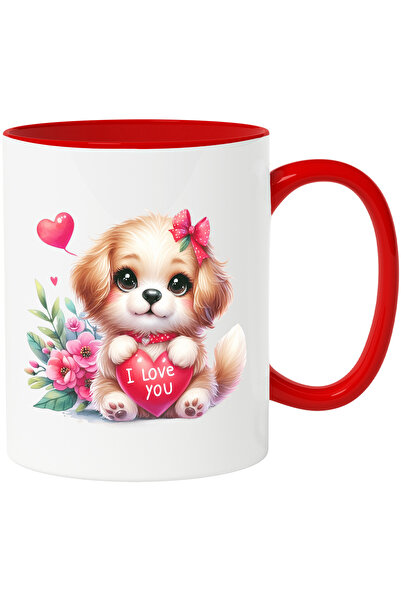 StoryGift Romania Cana cu o catelusa timida care tine in brate o inima cu mes...