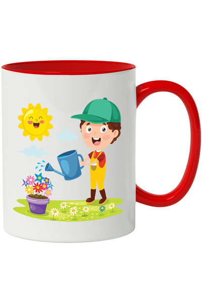 StoryGift Romania Cana Cu Gradinarit, Soare, Flori, Ghiveci, Nor, Stropitoare, Sapca, Multicolor 3, Cu Maner Rosu