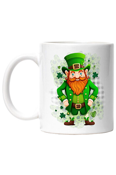 StoryGift Romania Cana cu un spiridus, ilustratie, trifoi, norocos, Irlanda, verde cu Maner Alb, Cu Maner Alb