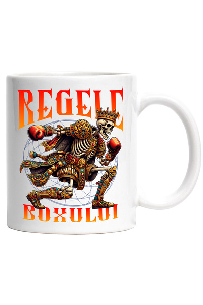 StoryGift Romania Cana Schelete cu mantie cu pietre jucand box rege, 330ml, Ceramic cu Maner Alb, Cu Maner Alb