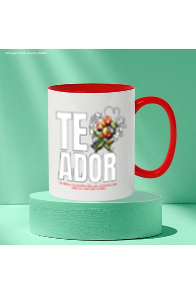 StoryGift Romania Cana Text Romantic Te Ador Cadou Valentine's Day Dragoste, 330ml, Ceramic cu Man, Cu Maner Rosu