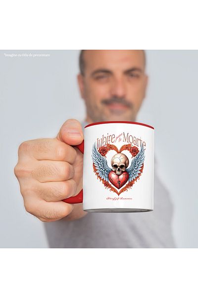 StoryGift Romania Mug Skull with wings broken heart love until death, 330ml, Ceramic with Ro Handle, With