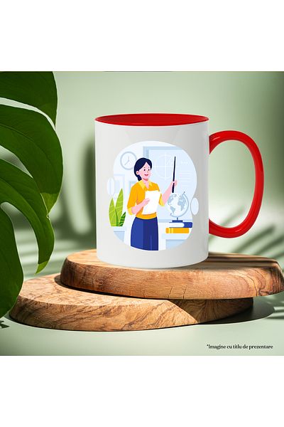 StoryGift Romania Cana Cu Profesor, Educatie, Glob, Carti, Matematica, Scoala, Multicolor 330 ml, , Cu Maner Rosu