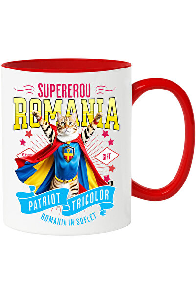 StoryGift Romania Mug with Bengal Cat in Captain Romania Costume with Cape, Night Hero, By, With Red Handle