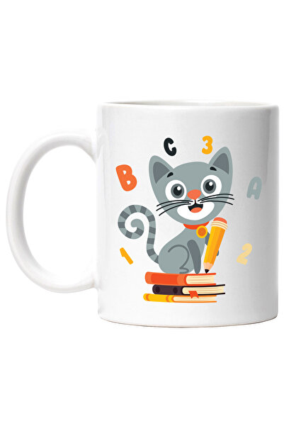 StoryGift Romania Cana Cu Pisica, Litere, Cifre, Teanc De Carti, Creion, Zgarda, Banut, Multicolor, Cu Maner Alb