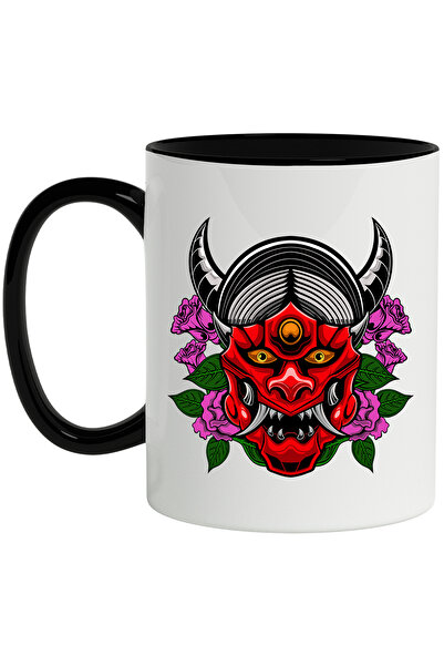 StoryGift Romania Cana Cu Masca Oni, Flori, Colti, Coarne, Demon, Asiatic, Multicolor 330 ml, Cera, Cu Maner Negru