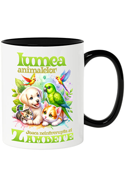 StoryGift Romania Cana Lumea animalelor- Pisica, Caine, Papagal, 330ml, Ceramica cu Maner Negru, Cu Maner Negru