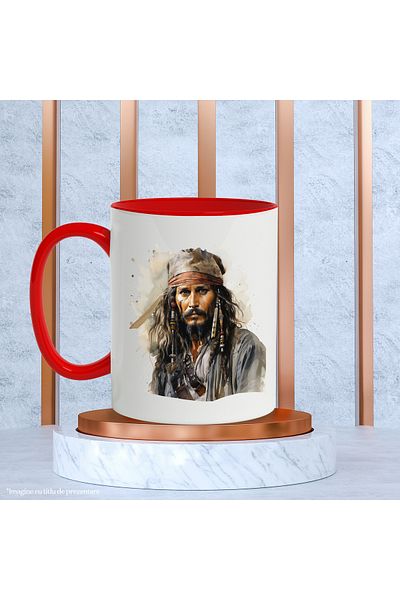 StoryGift Romania Jack Sparrow Mug, Pirates of the Caribbean, Pirate, Scarf, Beard, Movies, Multicolor, With Red Handle