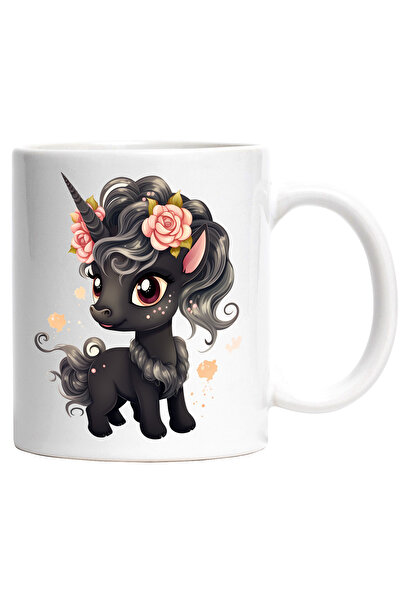 StoryGift Romania Cana cu un unicorn negru | ilustratie | vesel | pete de culoare | flori | ferici, Cu Maner Alb