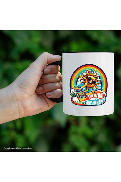 StoryGift Romania Mug With The Sun On A Skateboard With The Message "do What Makes You Happy", Hippie Style, With ,stg