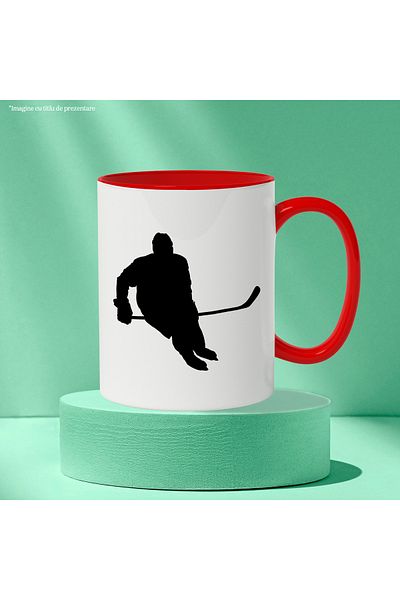 StoryGift Romania Mug with a hockey player skating - stick with Red Handle, Red Handle STG, STG.