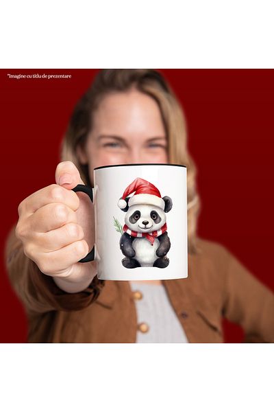 StoryGift Romania Mug with a cheerful Panda bear | Christmas hat | illustration | scarf | cold | take, With Black Handle