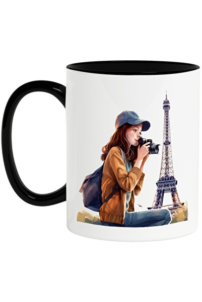 StoryGift Romania Cana cu o fata care face fotografii, calatorie, ilustratie, la Paris, Turnul Eif, Cu Maner Negru