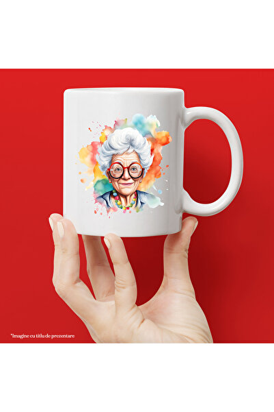 StoryGift Romania Cana cu o bunica, ilustratie, vesela, ochelari, pete de culoare, abstract, colie, Cu Maner Alb