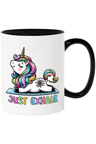StoryGift Romania Cana cu un unicorn care se intinde cu mesajul "Just Exhale"...