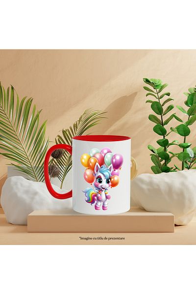 StoryGift Romania Mug with a happy unicorn | illustration | many colorful balloons tied to it | , With ,STG .
