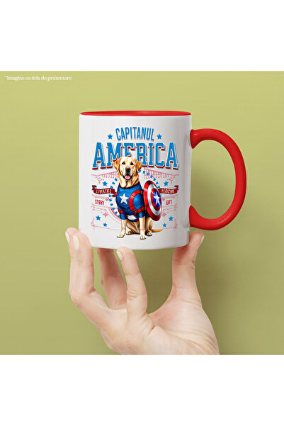 StoryGift Romania Mug with Labrador Retriever Dog in Captain America Costume with Cape, Hero, with Red Handle STG