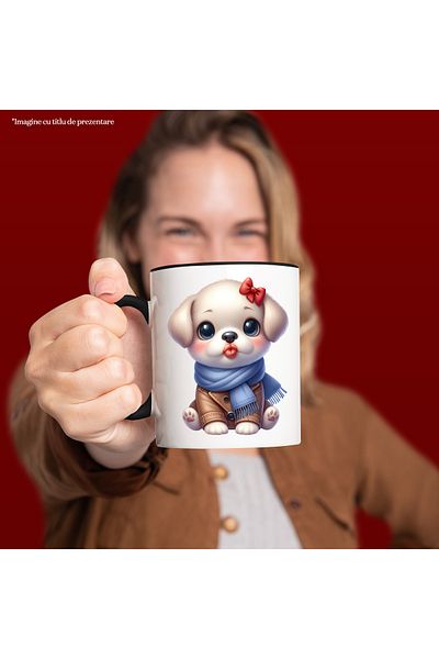 StoryGift Romania Cana cu un catelus care da un pupic | ilustratie | fular | imbracat gros | frig , Cu Maner Negru