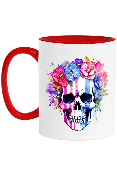 StoryGift Romania Cana cu un craniu, ilustratie, flori, rosii, albastre, plan...