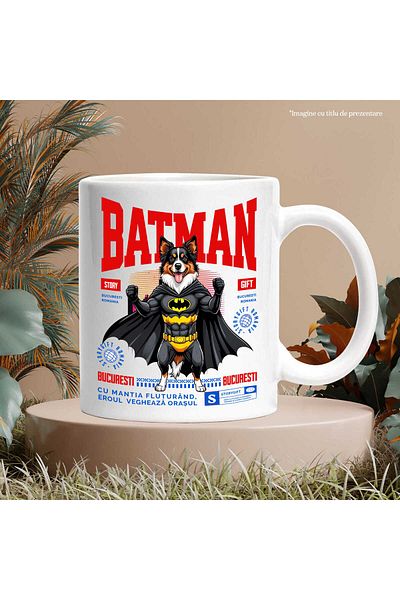 StoryGift Romania Cana cu Ciobănesc Australian / Australian ShepherdCaine In Costum de BatMan cu P, Cu Maner Alb