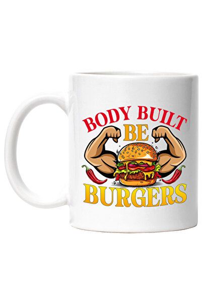 StoryGift Romania Cana cu un hamburger cu muschi cu mesajul "Body built, be burgers", ardei, carne, Cu Maner Alb