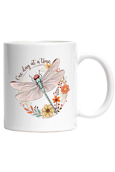 StoryGift Romania Cana cu libelula cu inconjurata de flori cu mesajul "One day at a time", rabdare, Cu Maner Alb