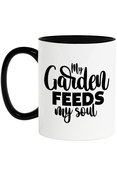 StoryGift Romania Cana cu textul in engleza "My garden feeds my soul" - gradina mea imi hraneste s, Cu Maner Negru