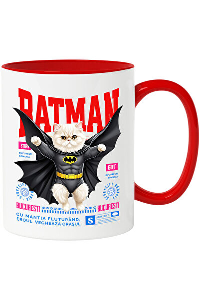 StoryGift Romania Cana cu Persan / persianPisica In Costum de BatMan cu Pelerina, Erou Nocturn, De, Cu Maner Rosu
