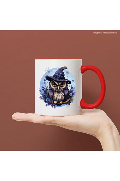 StoryGift Romania Mug with an irritated owl with a witch's hat, illustration, branch, flower, With,STG