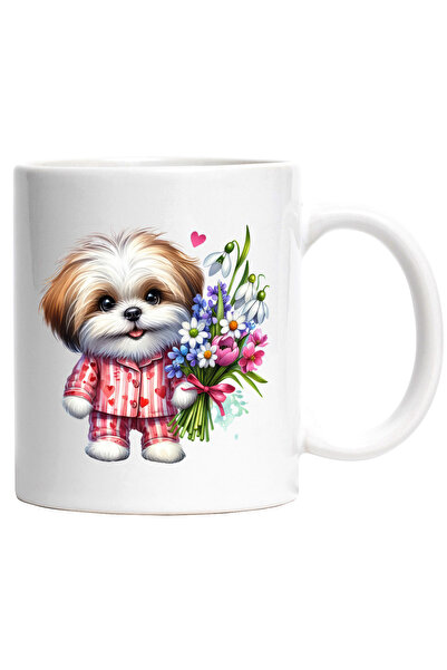 StoryGift Romania Cana cu un catel care tine un buchet cu flori | blanos | ve...