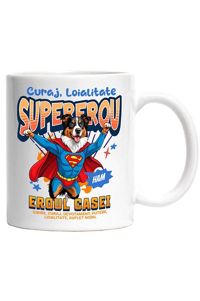 StoryGift Romania Cana cu Ciobănesc Australian / Australian Shepherd Caine In Costum de SuperMan c, Cu Maner Alb