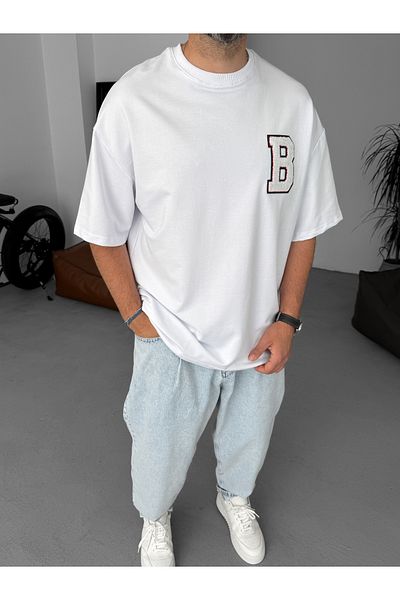 BYBASICMAN White B Embroidered Oversize T-Shirt By-068