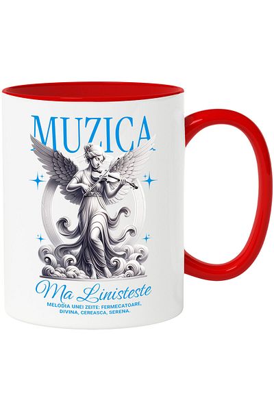 StoryGift Romania Cana cu Statuie Inger Femeie Stil Grecesc Cu Vioara Muzica Hobby Text Ma Liniste, Cu Maner Rosu