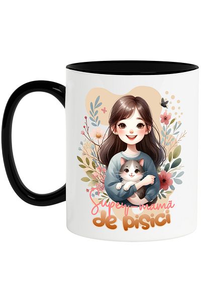 StoryGift Romania Cana Super-mama de pisici, motan mama de animal iubire familie, 330ml, Ceramica , Cu Maner Negru