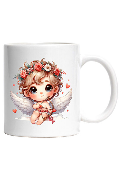 StoryGift Romania Cana cu un bebelus Cupidon care trage cu arcul | ilustratie | coroana din flori , Cu Maner Alb