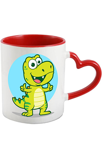 StoryGift Romania Cana Cu Cerc, Dinozaur, Zambet, T-Rex, Preistoric, Dungi, Multicolor 330 ml, Cer, Cu Maner Inim