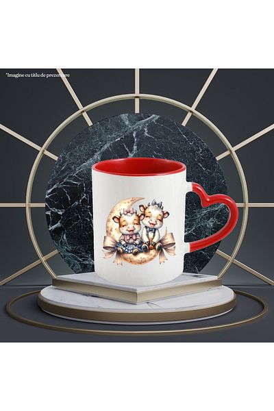 StoryGift Romania Mug with a cow and a bull on a crescent moon, illustration, friendship, closeness, se , With ,STG .