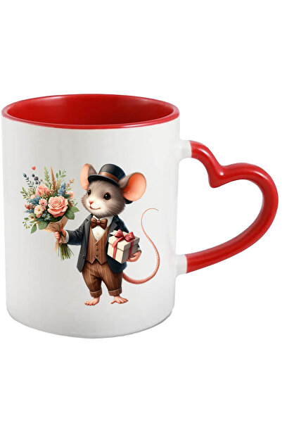 StoryGift Romania Cana cu un soricel la costum care tine un buchet cu flori s...