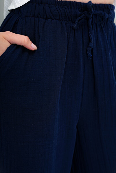 VAGGON Women's Navy Blue Double Pocket Elastic Waist Muslin Linen Trousers Prmx13992